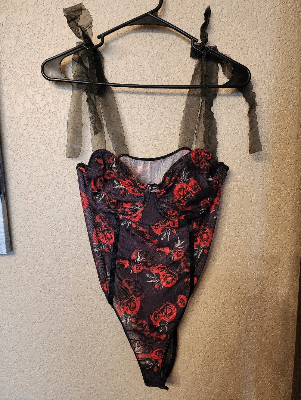 SHEIN Black Bodysuit with Red Rose Print